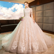 2019 New Half Sleeves Champagion Wedding Bridal Gowns French high-neck elegant lace decoration long-tail women wedding dress